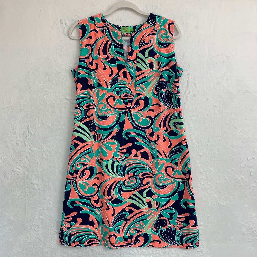 Katherine Way Sleeveless Split Neck Colorful Shift Dress Sz L